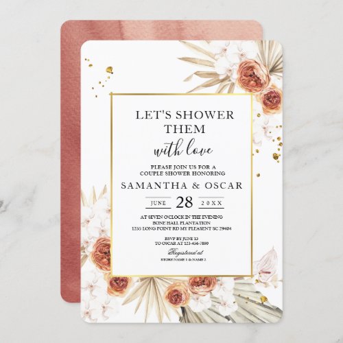 Tropical Terracotta Dried Palm Leaf Gold Frame Invitation