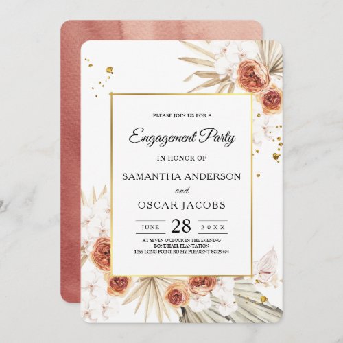 Tropical Terracotta Dried Palm Leaf Gold Frame Invitation