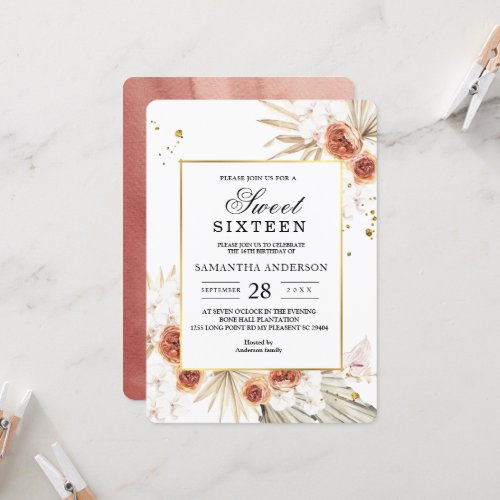 Tropical Terracotta Dried Palm Leaf Gold Frame Invitation