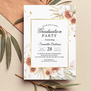 Tropical Terracotta Dried Palm Leaf Gold Frame Invitation
