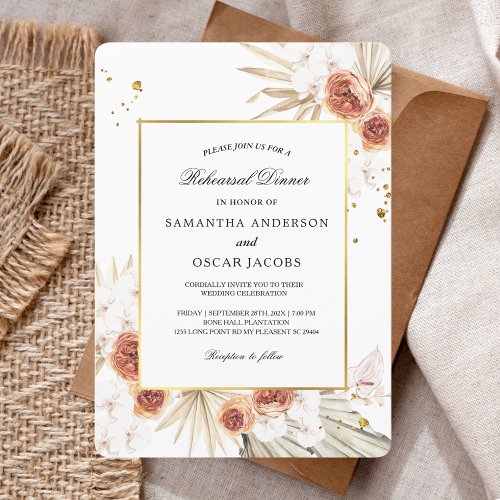 Tropical Terracotta Dried Palm Leaf Gold Frame Invitation