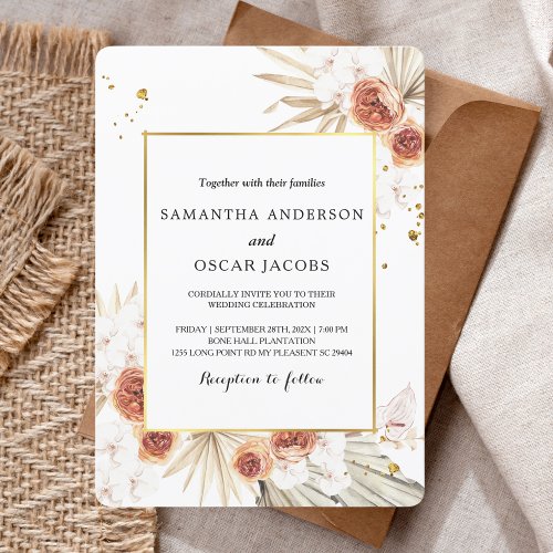 Tropical Terracotta Dried Palm Leaf Gold Frame Invitation