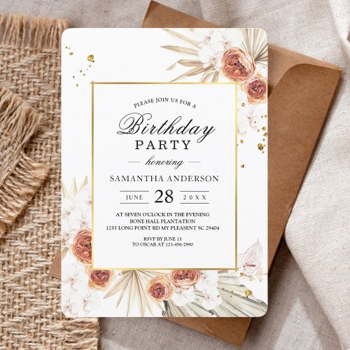 Tropical Terracotta Dried Palm Leaf Gold Frame Invitation