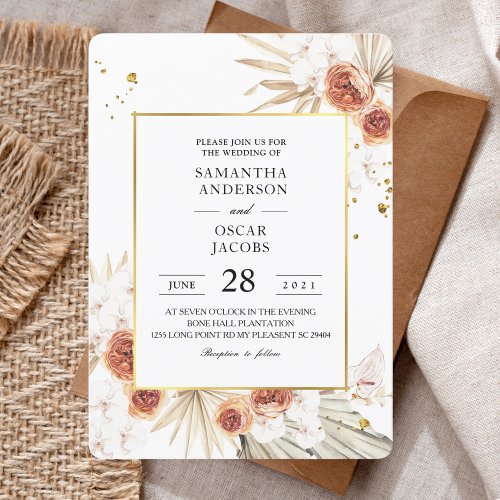 Tropical Terracotta Dried Palm Leaf Gold Frame Invitation