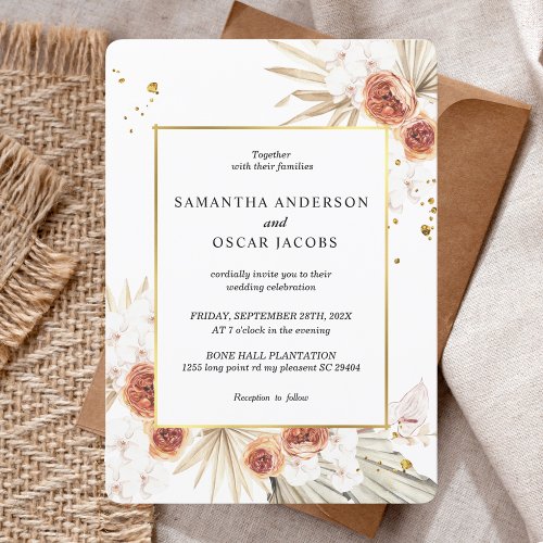 Tropical Terracotta Dried Palm Leaf Gold Frame Invitation