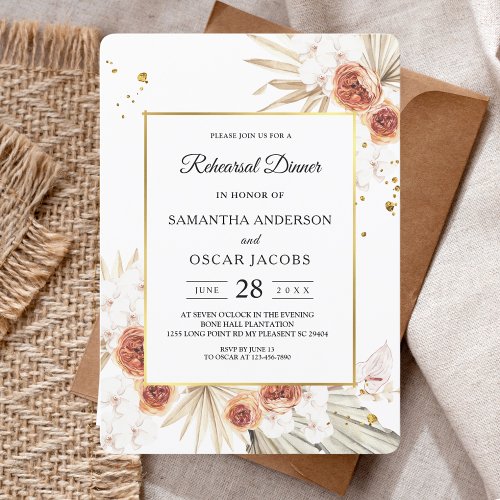 Tropical Terracotta Dried Palm Leaf Gold Frame Invitation