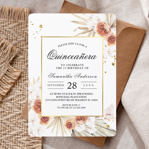 Tropical Terracotta Dried Palm Leaf Gold Frame Invitation