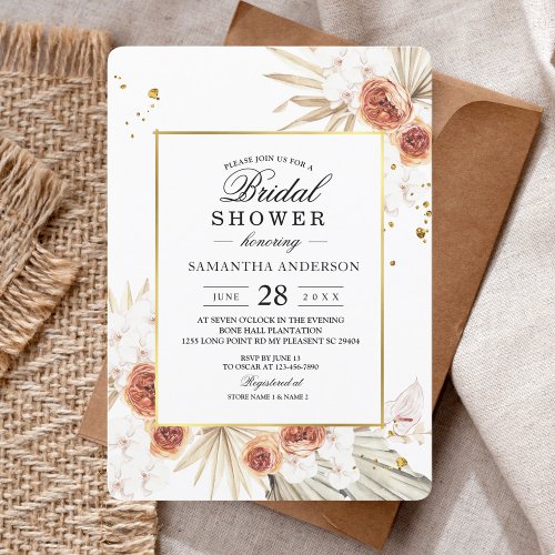 Tropical Terracotta Dried Palm Leaf Gold Frame Invitation