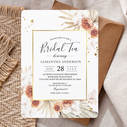 Tropical Terracotta Dried Palm Leaf Gold Frame Invitation