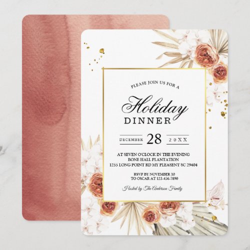 Tropical Terracotta Dried Palm Leaf Gold Frame Invitation