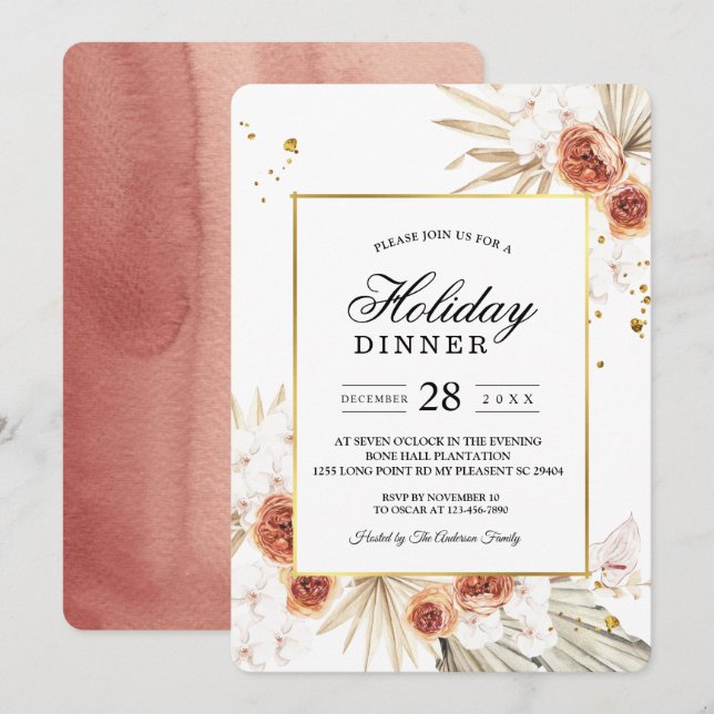 Tropical Terracotta Dried Palm Leaf Gold Frame Invitation (Front/Back)