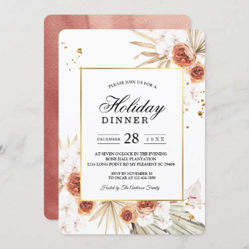 Tropical Terracotta Dried Palm Leaf Gold Frame Invitation