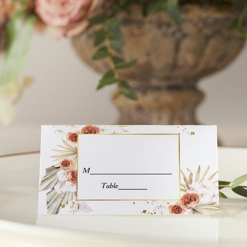 Tropical Terracotta Dried Palm Leaf Gold Frame Place Card