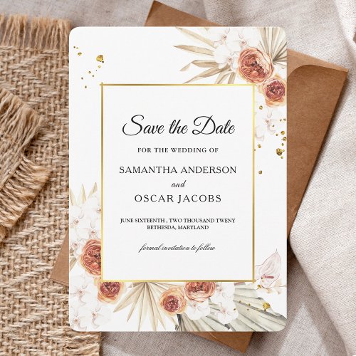 Tropical Terracotta Dried Palm Leaf Gold Frame Save The Date