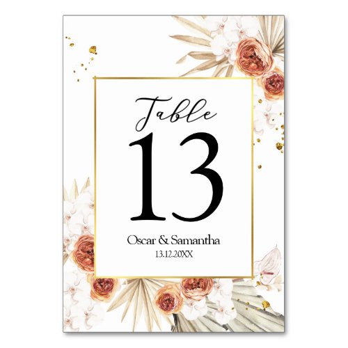 Tropical Terracotta Dried Palm Leaf Gold Frame Table Number