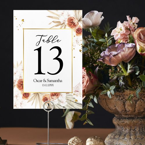 Tropical Terracotta Dried Palm Leaf Gold Frame Table Number