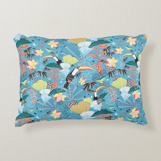 Tropical Texture With Toucans and Hummingbirds Accent Pillow (Front)