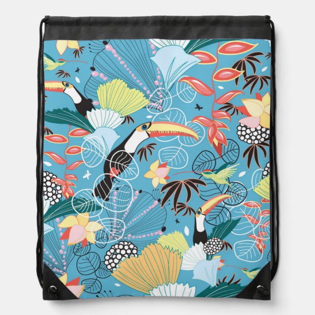 Tropical Texture With Toucans and Hummingbirds Drawstring Bag (Front)