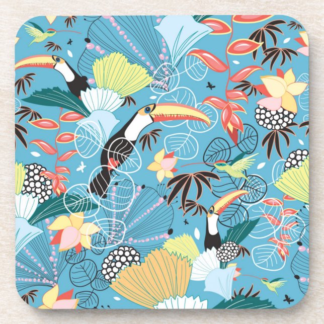 Tropical Texture With Toucans and Hummingbirds Drink Coaster (Front)