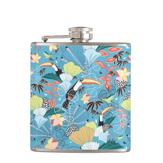 Tropical Texture With Toucans and Hummingbirds Flask (Front)