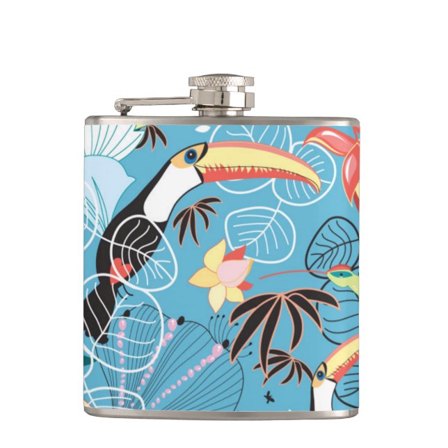 Tropical Texture With Toucans and Hummingbirds Hip Flask (Front)