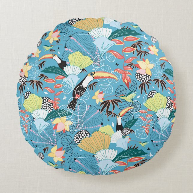 Tropical Texture With Toucans and Hummingbirds Round Pillow (Front)