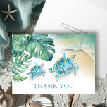 Tropical Thank You Card Watercolor Sea Turtle<br><div class="desc">These tropical thank you cards for a baby shower features my watercolor sea turtles with a top boarder of palm leaves and ocean waves. The watercolor design features the words "Thank You" in blue serif typography. Use the template fields to personalize the inside of your thank you card with custom...</div>