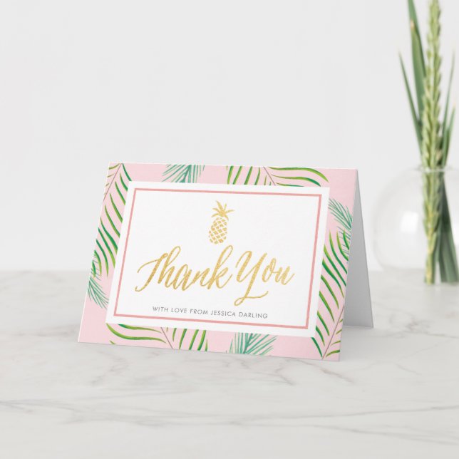 Tropical Thank You Cards | Pink & Gold Pineapple (Front)