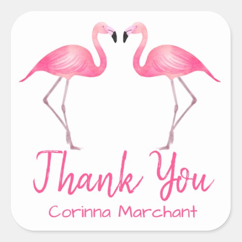 Tropical Thank You Pink Flamingos Wedding Shower Square Sticker