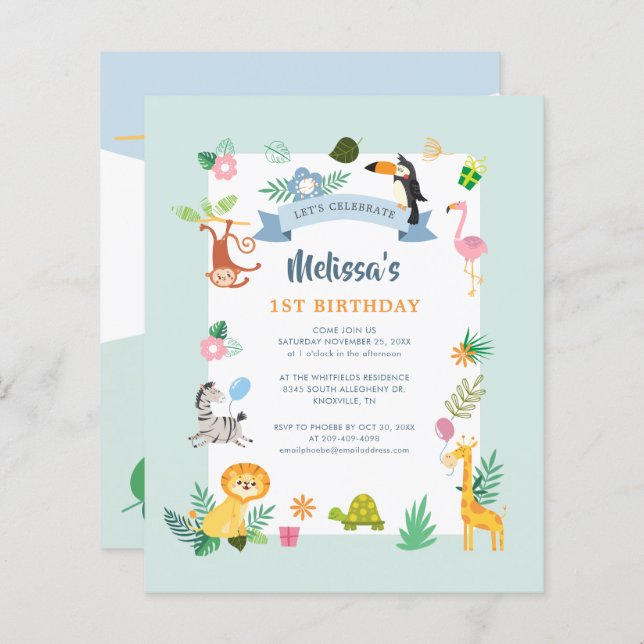 Tropical Theme 1st Birthday Party Invitation (Front/Back)