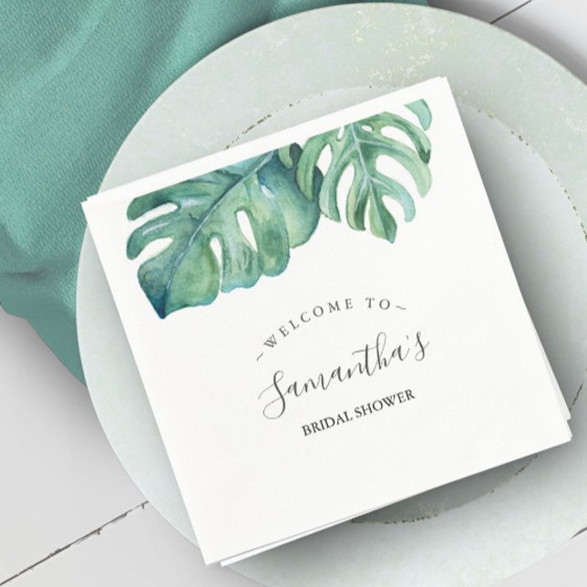 Tropical Theme Bridal Shower Palm Leaves Napkins (Personalized napkins tropical bridal shower watercolor monstera leaf by Victoria Grigaliunas)