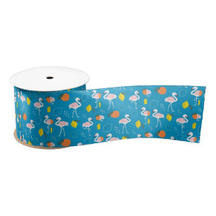 Tropical Theme Flamingo Fruits on Blue Background Satin Ribbon