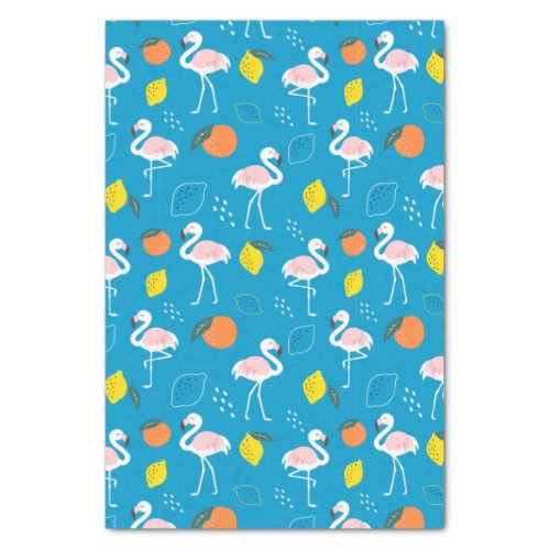 Tropical Theme Flamingo Fruits on Blue Background  Tissue Paper