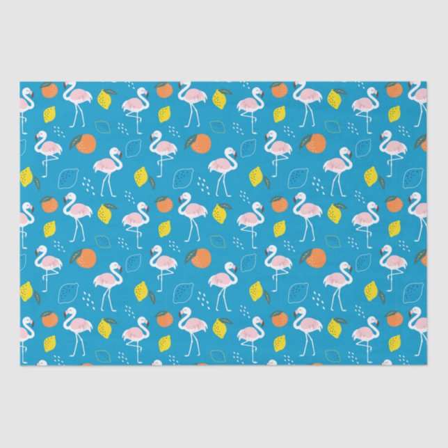 Tropical Theme Flamingo Fruits on Blue Background  Tissue Paper (Front)