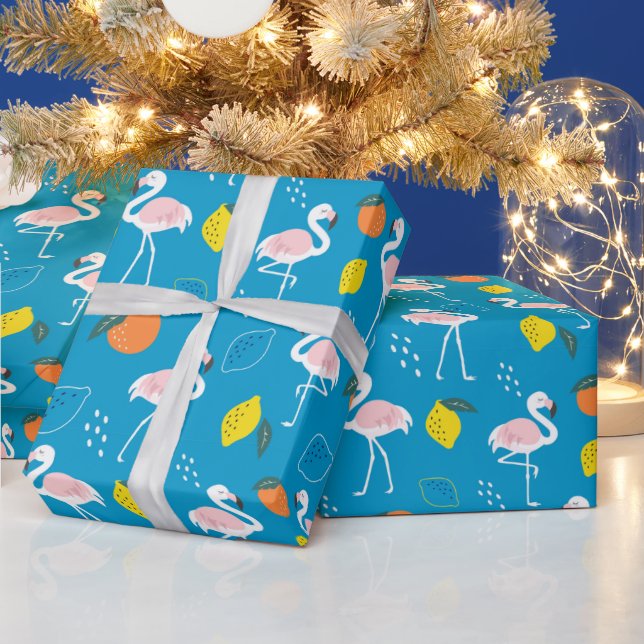 Tropical Theme Flamingo Fruits on Blue Background Wrapping Paper (Holidays)