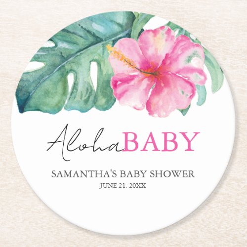 Tropical Theme Girl Baby Shower Round Paper Coaster