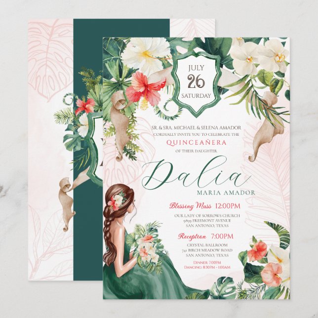 Tropical Theme Green and Pink Summer Quinceanera Invitation (Front/Back)