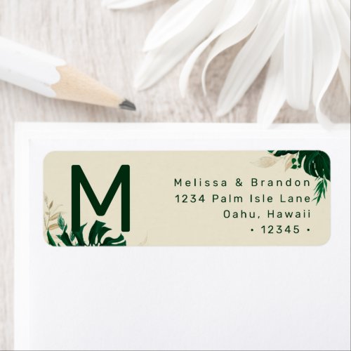 Tropical Theme Green Leaf Monogram Return Address Label