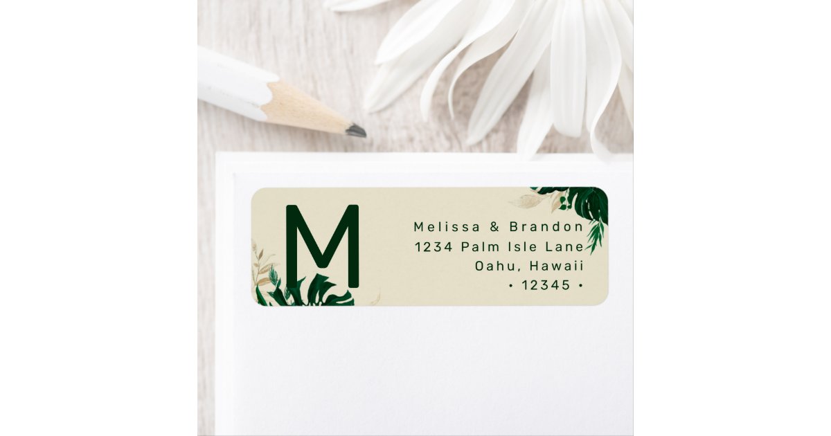 Tropical Theme Green Leaf Monogram Return Address Label Zazzle