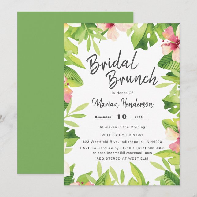 Tropical Theme Watercolor Bridal Shower Brunch Invitation (Front/Back)