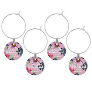 Tropical Theme Wedding Pink Floral Bridesmaid   Wine Charm
