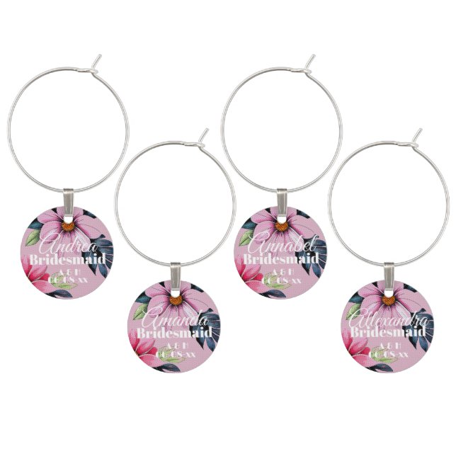 Tropical Theme Wedding Pink Floral Bridesmaid   Wine Charm (Staggered)