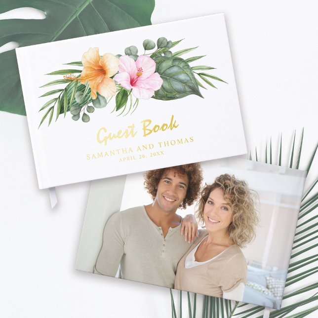 Tropical Theme Wedding with Your Photo Foil Guest Book (Beautiful detailing with real gold foil!)