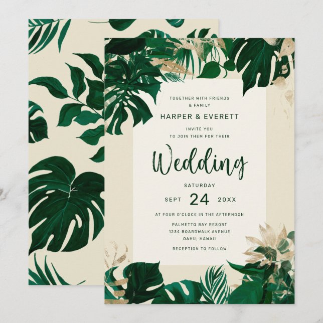 Tropical Themed Foliage with Gold Wedding Invitation (Front/Back)