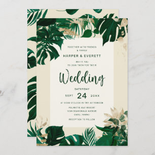Tropical Themed Foliage with Gold Wedding Invitation