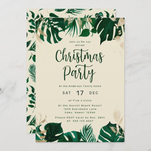 Tropical Themed Green Leaves Christmas Party Invitation