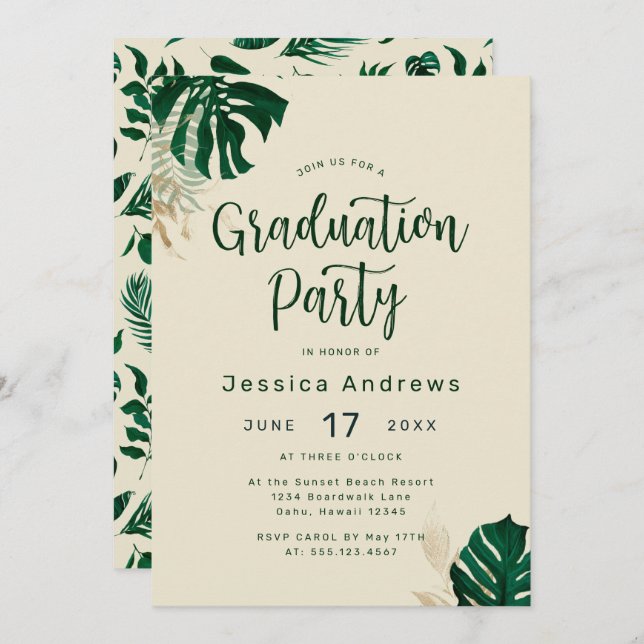 Tropical Themed Green Leaves Graduation Party Invitation (Front/Back)