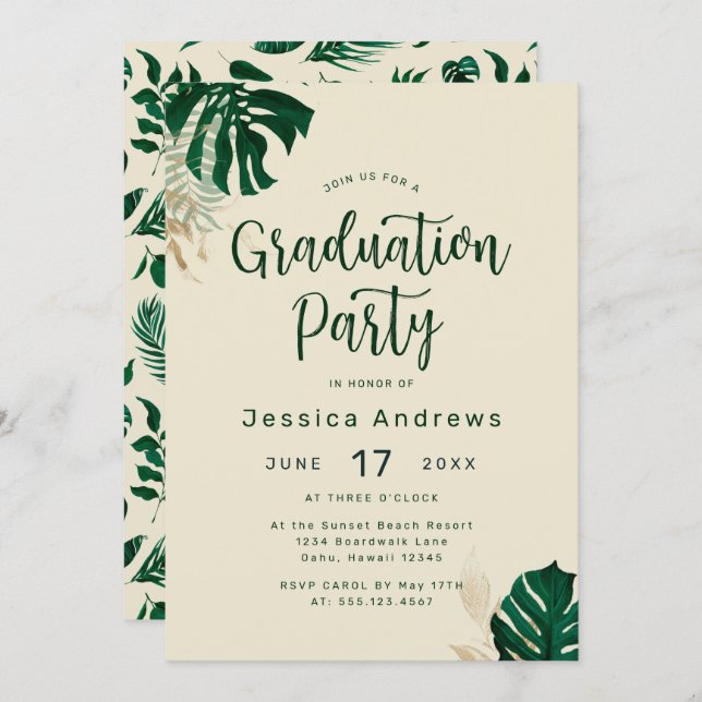 Tropical Themed Green Leaves Graduation Party Invitation (Front/Back)