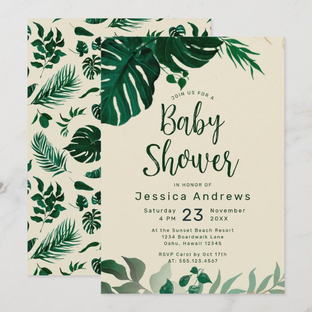 Tropical Themed Green Leaves Modern Baby Shower Invitation (Front/Back)