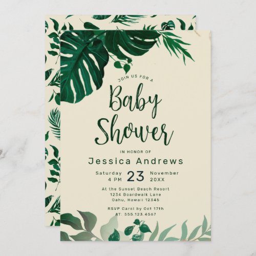 Tropical Themed Green Leaves Modern Baby Shower Invitation